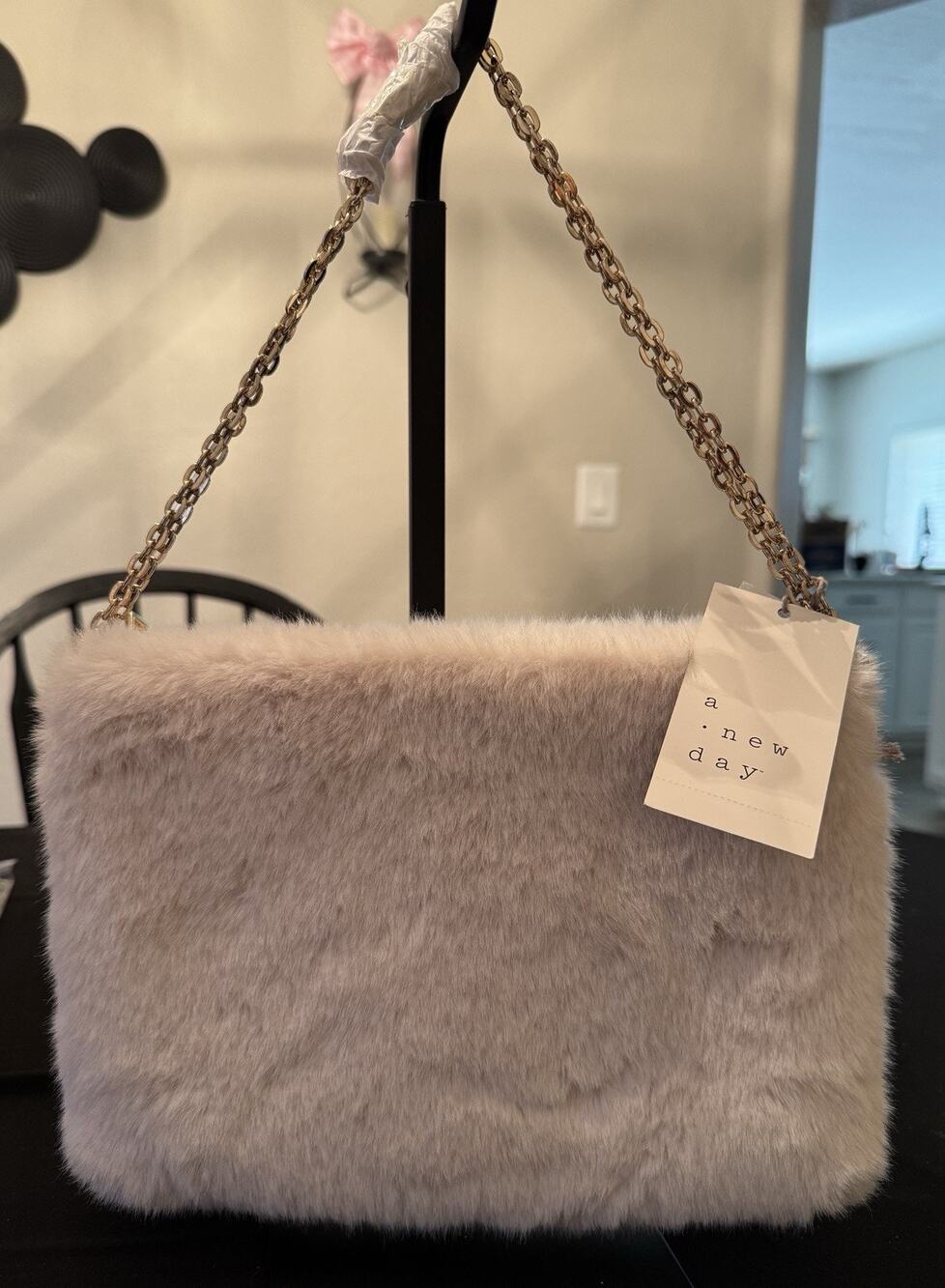 A New Day Beige Faux Fur Shoulder Crossbody Bag New NWT